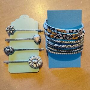 Boho Silver Concho Hair Pins Set of 4 and Hair Elastic 8 count.